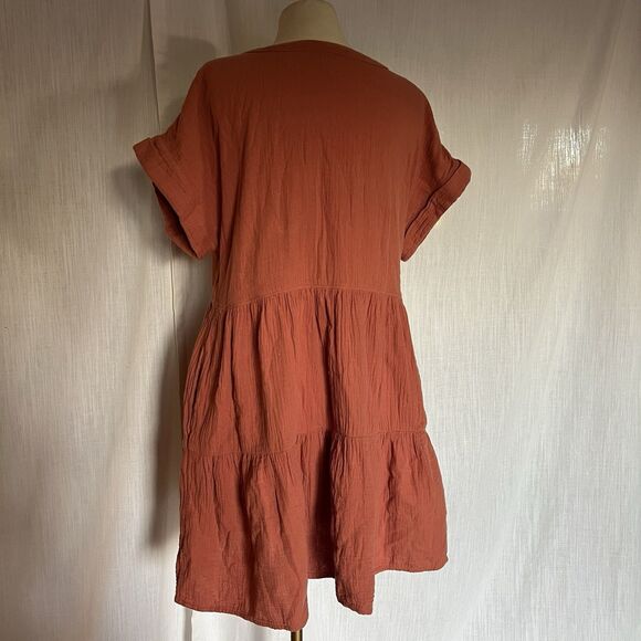 Madewell Lightspun Cuff Sleeve Button Front Tiered Dress Orange V Neck Medium - Picture 13 of 14